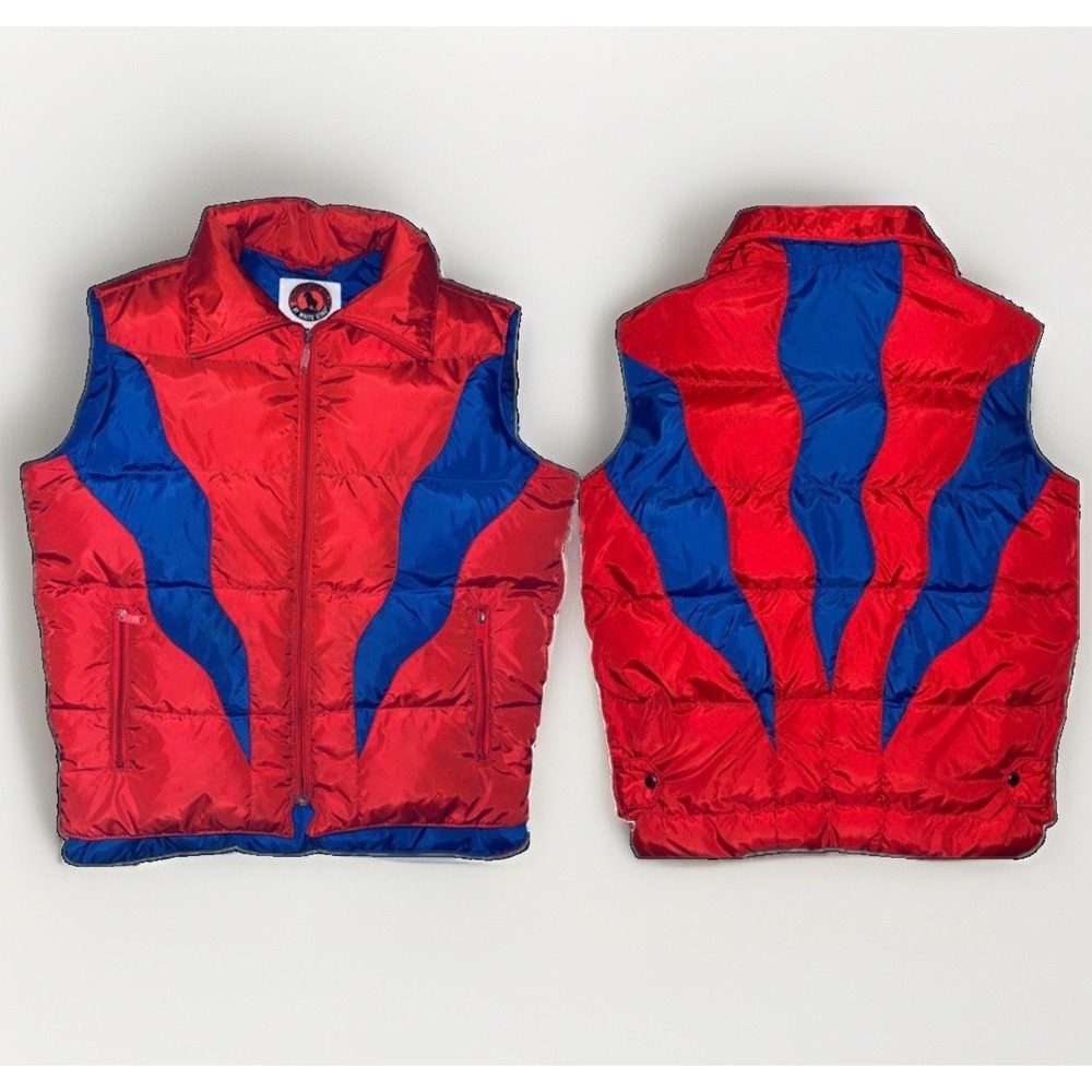 VTG White Stag Mountain Goat Puffer Down Vest Mens XL Red Blue Retro Colorblock